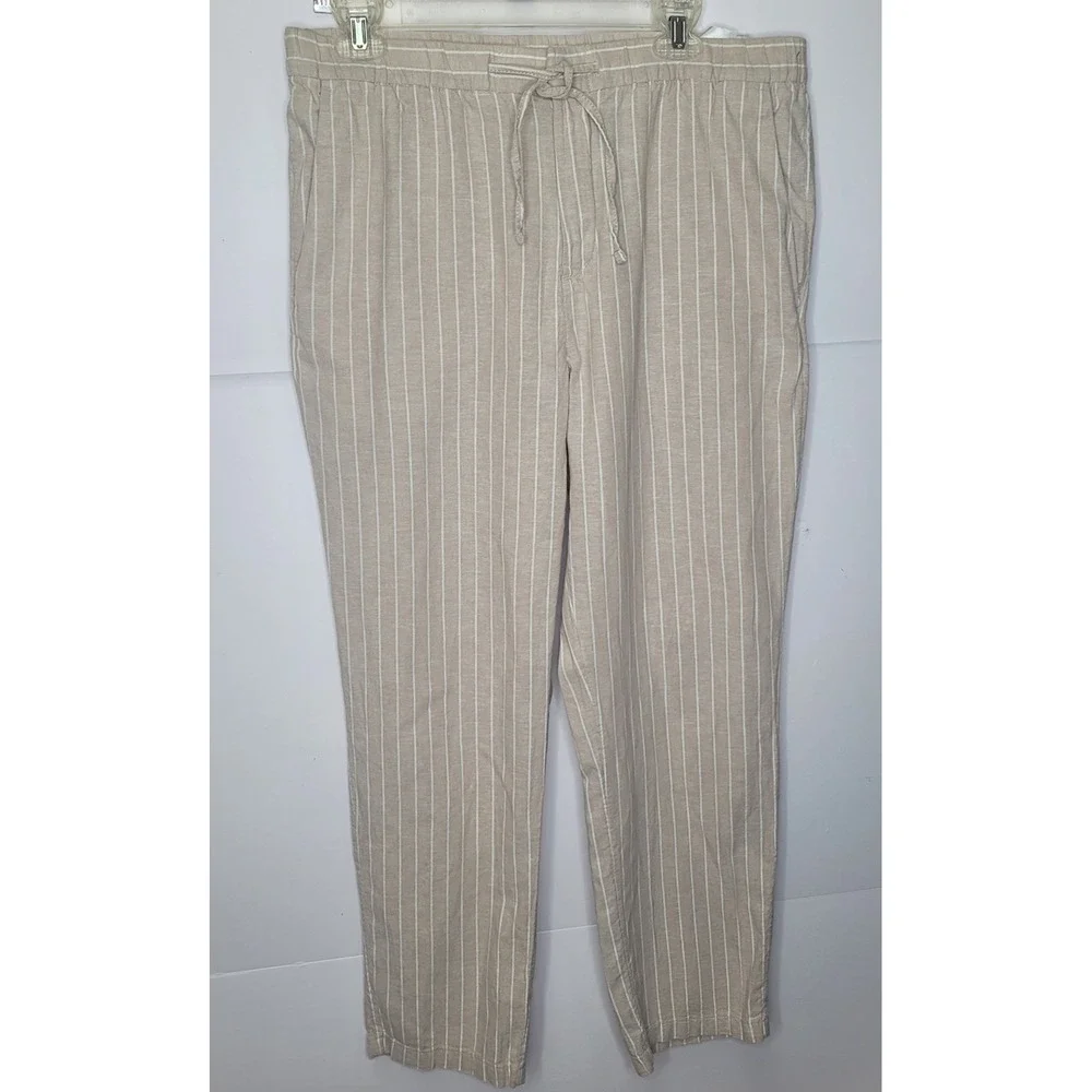 H&M Linen‎ Blend Cotton Striped Pant M Beige Pockets Coastal Preppy Minimalist
